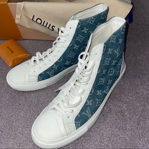 LOUIS VUITTON Calfskin Denim Monogram Mens Tattoo Sneaker Boots 11 White Blue
